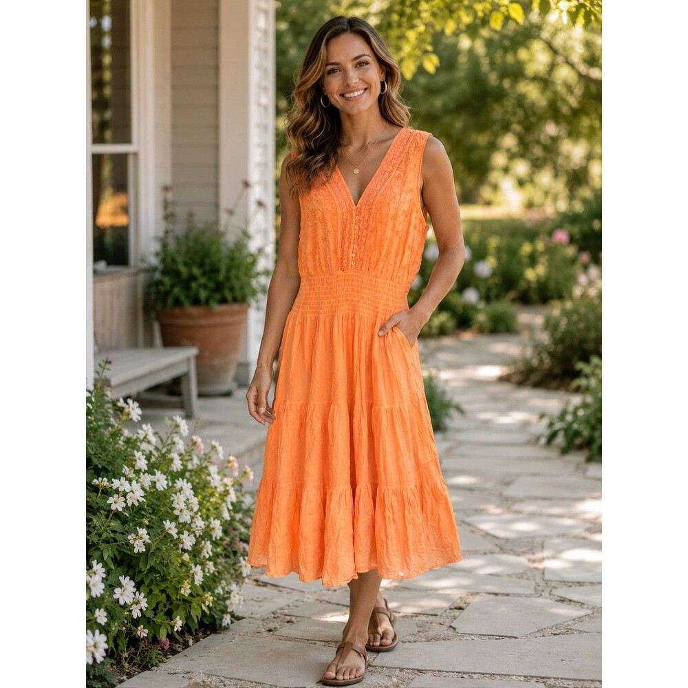 Mlle Gabrielle Smocked Waist Tiered Gauze Midi Orange Dress 3X Sleeveless